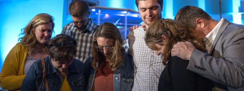 Diana and Robert Hefner (campus minister of Pleasant Garden Baptist Church, NC), Amy Lee (Abby’s mom), and Susan and Dave Marshall (Grayson’s parents) (left to right), praying over Abby and Grayson Marshall during the IMB Sending Celebration at Staples Mill Road Baptist Church, Richmond, Va. IMB photo