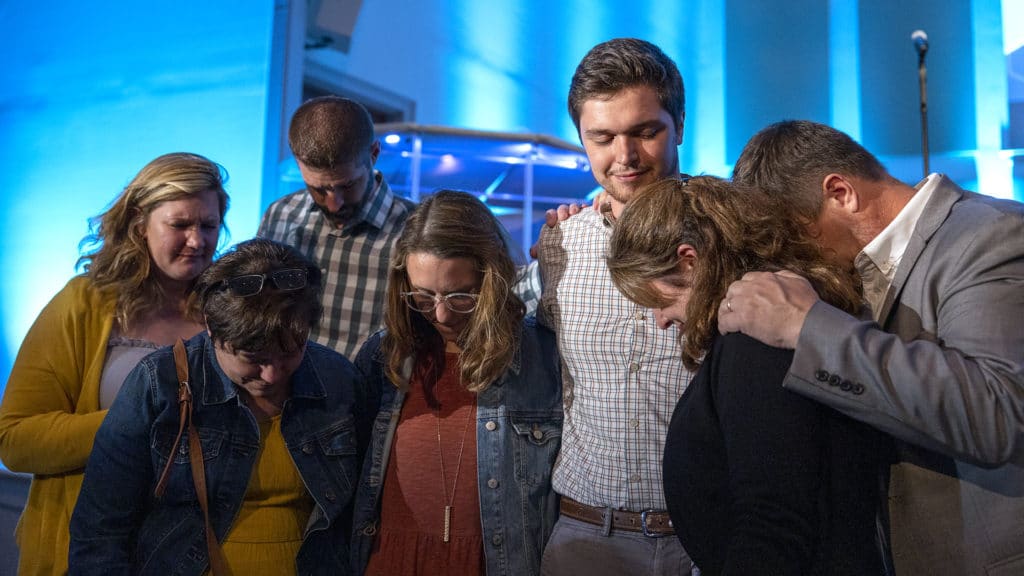 Diana and Robert Hefner (campus minister of Pleasant Garden Baptist Church, NC), Amy Lee (Abby’s mom), and Susan and Dave Marshall (Grayson’s parents) (left to right), praying over Abby and Grayson Marshall during the IMB Sending Celebration at Staples Mill Road Baptist Church, Richmond, Va. IMB photo